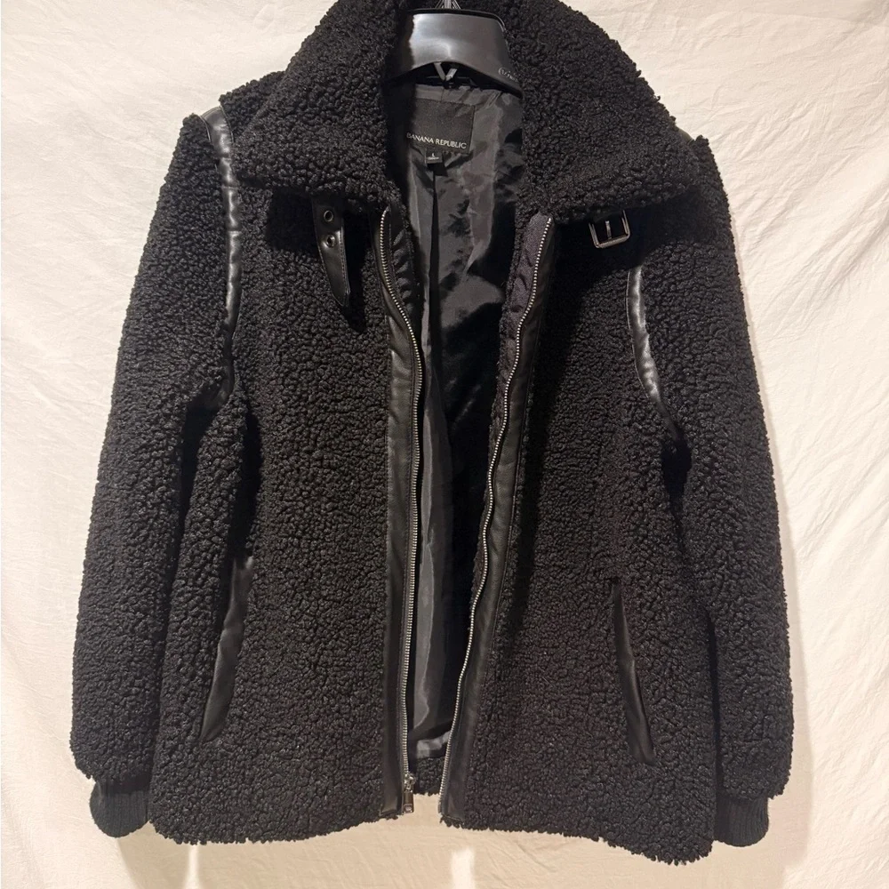 Women's Black Sherpa Jacket with Faux leather accents